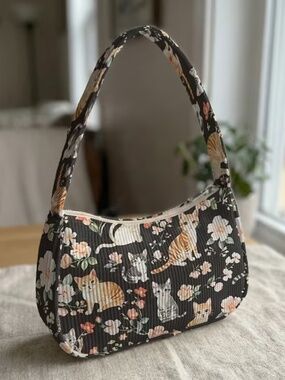 Corduroy Cat Floral Print Mini Shoulder Bag | Zipper Closure